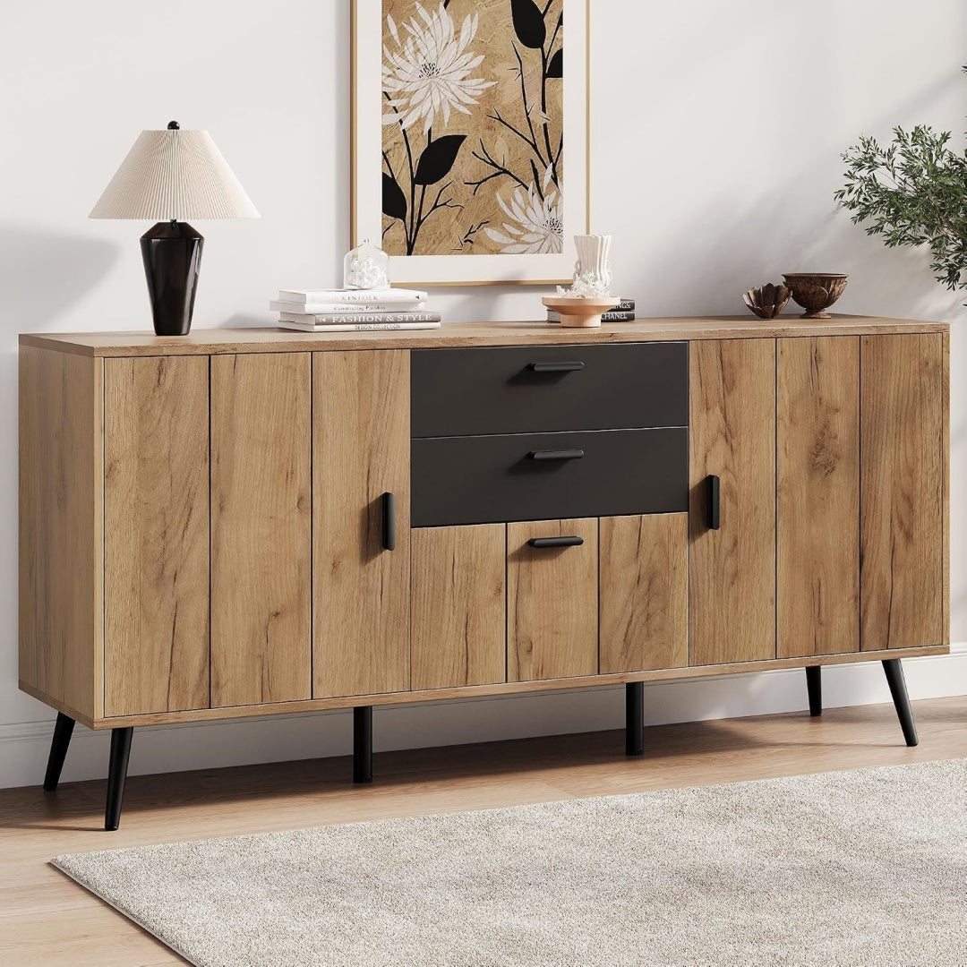 Buffet marron, deux tiroirs, trois portes, assemblage facile