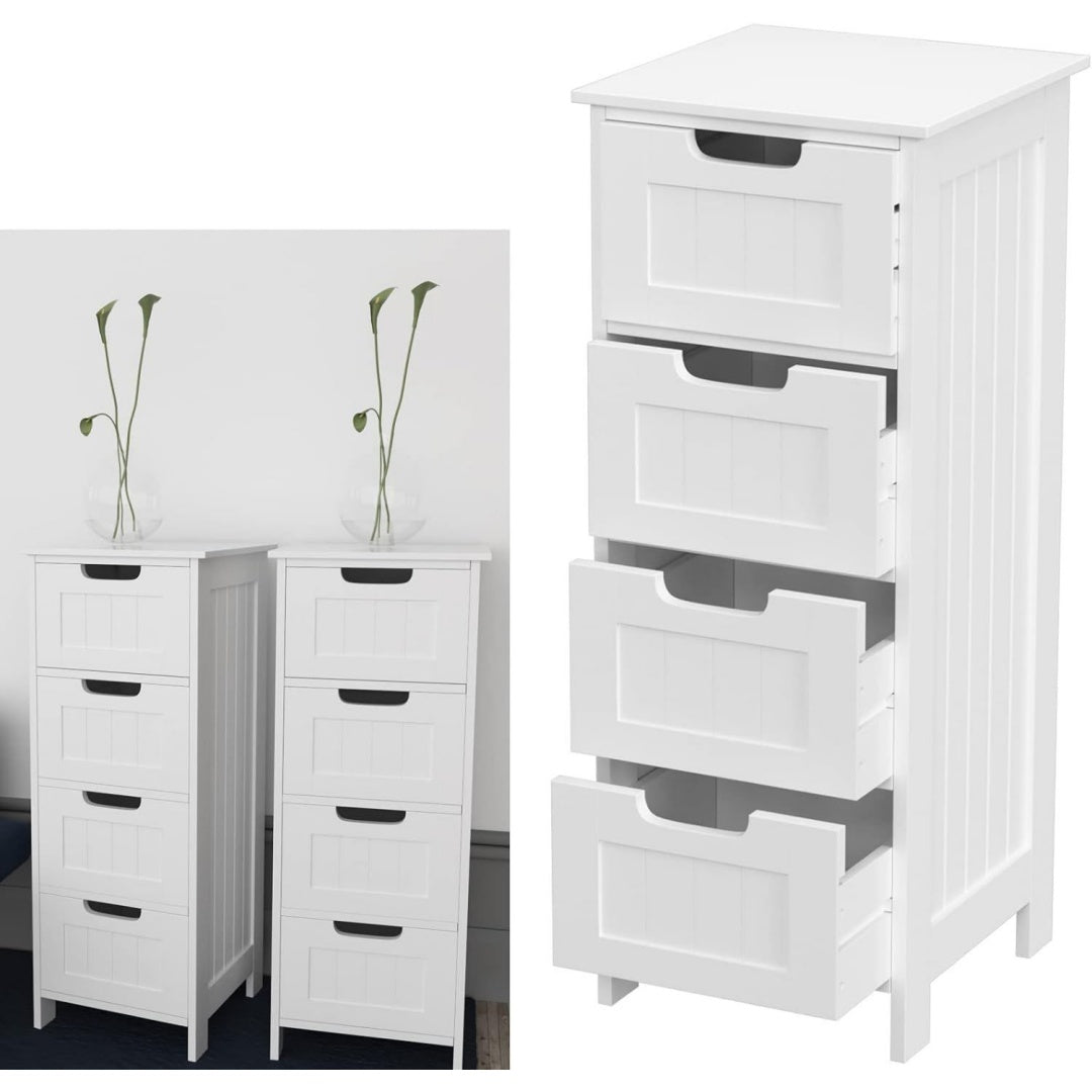 Meuble sur pied gris clair (30 x 30 x 82 cm), quatre tiroirs