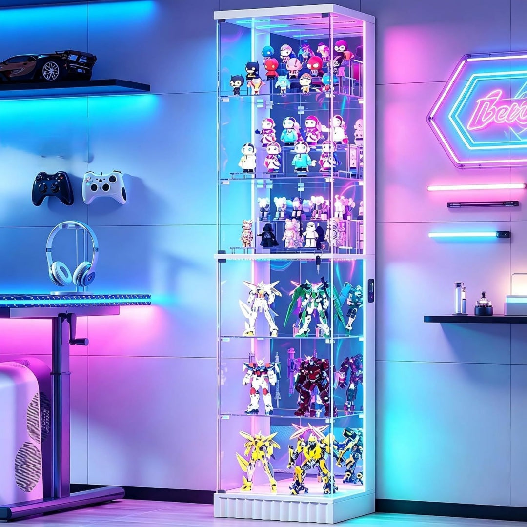 Vitrine bleu en verre trempe, design contemporain, rangement optimise